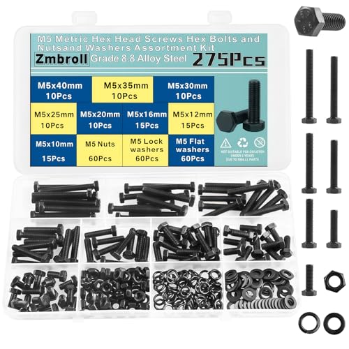 Zmbroll M5 六角キャップボルト 275個 ブラック メトリック M5x10/12/16/20/25/30/35/40mm 8.8グレード合金鋼ねじ 外部六角ドライブ 高耐久 六角キャップボルト ナット フラットロックワッシャ詰め合わせキット