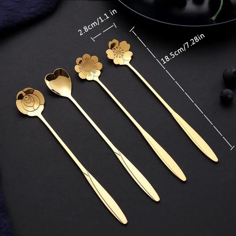 Image of Gold Tone Dessert Spoon Set with Decorative Flower and Heart Shaped Spoon Heads (4 PIC)