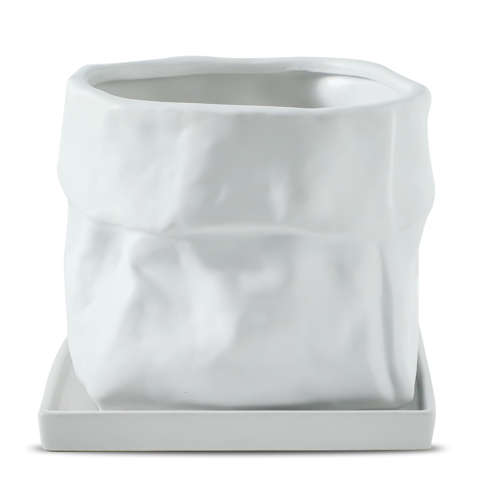 Nihow 8 Inch Ceramic Plant Pot with Drainage & Square Saucer,White