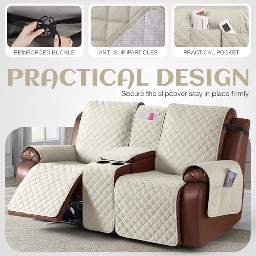 Image of KinCam 100% Waterproof Recliner Loveseat Cover with Console, Non-Slip Reclining Couch Covers for 2 Seat, Recliner Sofa Cover Furniture Protector with Elastic Straps for Kids, Pets, Ivory