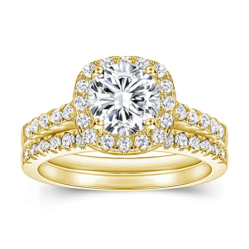 Halo Bridal Ring Set Wedding Ring Set for Women 1-1/2 Carat (ctw) Moissanite Engagement Ring Set 925 Sterling Silver Wedding and Engagement Ring Set with Text Engraving