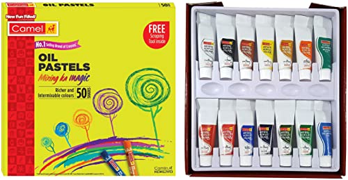 Image of Camel Oil Pastel (50 Shades) & Camlin Kokuyo Artist 40ml Acrylic Color - 12 Shades (Multicolor)