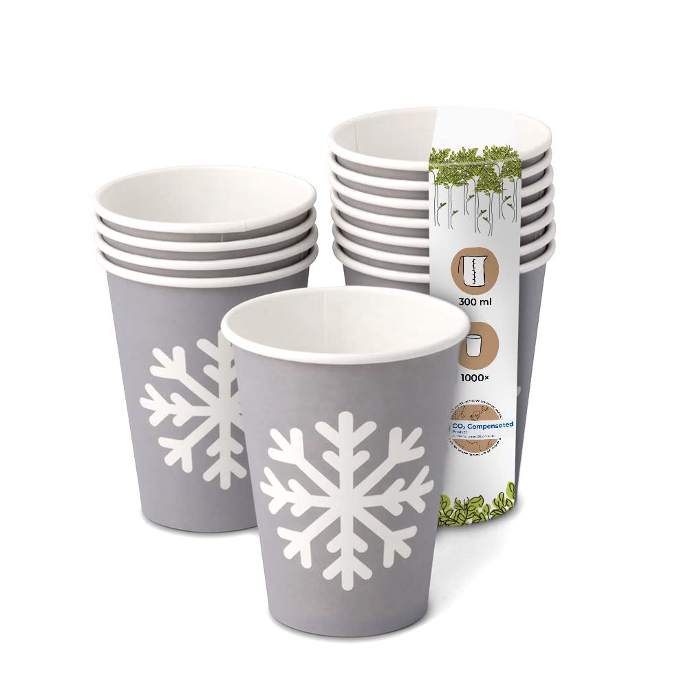 BIOZOYG Bio Gobelets Café jetable Motif d'hiver Flocon I 1000 Gobelets gris 300 ml / 12 oz I Vaisselle jetable ecologique, compostable et biodégradable