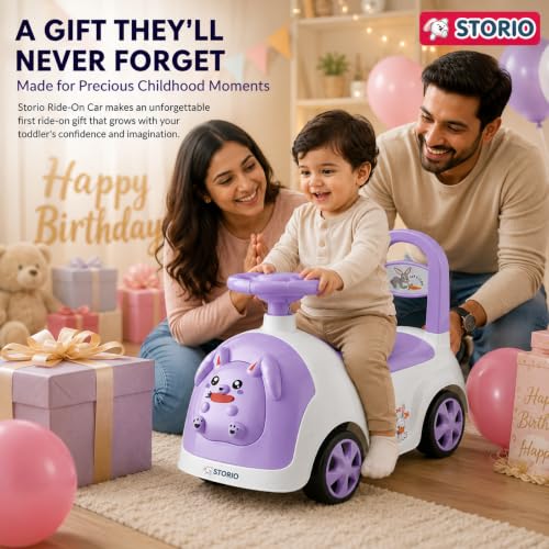 Image of Storio Rabbit Baby Ride-On Car Toy | Non-Battery Push Car for Kids with Backrest & Steering Wheel | Baby Ride On Toy for Boys & Girls 1-3 Years | Purple