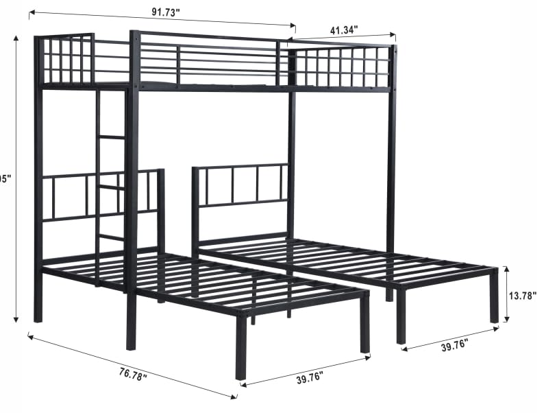 Triple Twin Over Twin Bunk Bed with Safety Rails, Black