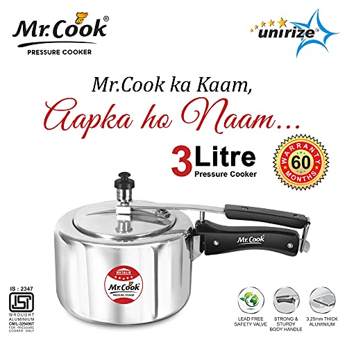 Image of MR COOK By United Metalik Regular Aluminium Non-Induction Pressure Cooker with Inner Lid, 3 Litre (Silver)