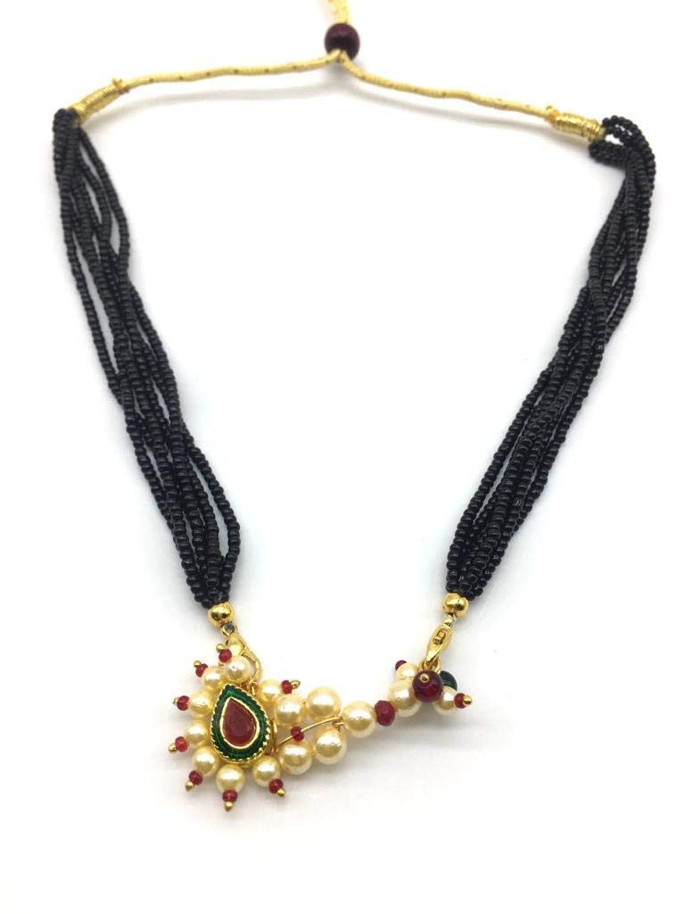 Digital Dress Women's Jewellery Gold Plated Mangalsutra Necklace 14-inch Length Chain Golden Nath Pendant Enamal Work Pearls Traditional Black Beads 6 Line Multilayer Short Mangalsutra for Girls-image-12