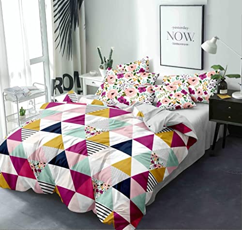 Image of Cotton Feel Glace Cotton Elastic Fitted Printed King Size Double Bed Bedsheet with 2 Pillow Cover(72 inchx78 inch) (Trangle)