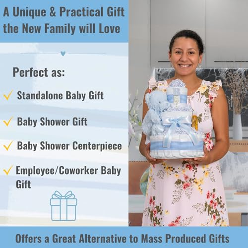 Image of Lil' Baby Cakes Baby Boy Diaper Cake for Baby Shower - Blue Premade Gift | Handmade 3-tier tower: 42 Swaddlers Size 1 diapers, Gund teddy bear & baby shampoo - newborn keepsake, ready to gift