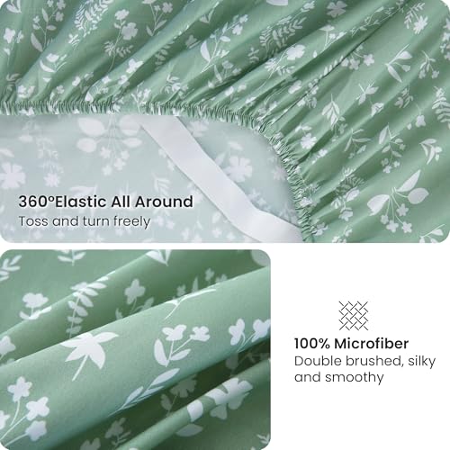 Image of Viviland Sage Green Twin Sheet Set - 4 Piece Vintage Green Flower Patterned Bed Sheets - Soft, Breathable Microfiber Floral Sheets with Deep Pocket, Non-Slip Fitted Sheets & Pillowcases