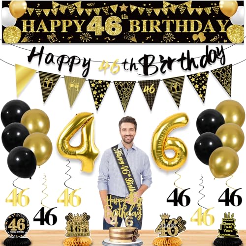 Image of 46th Birthday Decorations for Men, Black Gold 46th Party Decoration Kits | 27pcs Happy 46th Birthday Set, Banner, Honeycomb, Balloons, Gold Number, Candle, Hanging Swirls, Cake Topper, Party Supplies