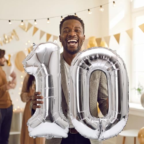 Image of Number 10 Balloon Foil Mylar Balloons for Birthday Party Decoration (Silver, 40 Inch)