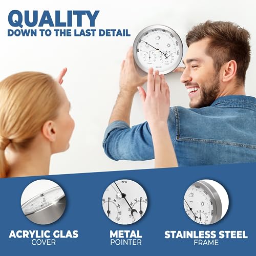 Mavori WSA ® 3In1 Weather Station Analog - Barometer, Hygrometer & Thermometer For Indoor - Ø 13,5Cm Stainless Steel Frame With Acrylic Glass - Great Barometers For Home - Barometric Pressure Gauge thumb #3