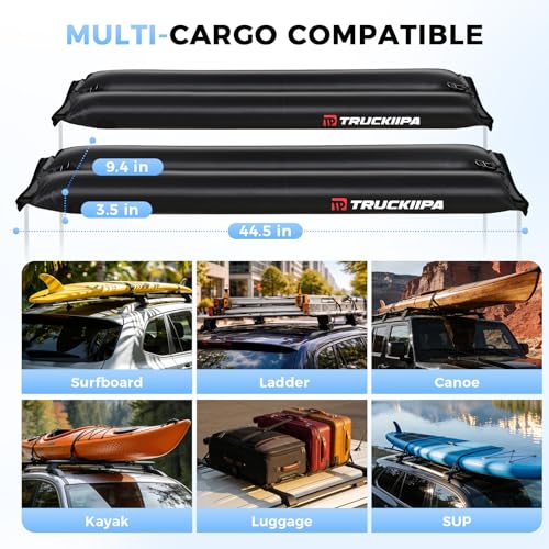 Image of Truckiipa Universal Soft Roof Rack Pads，2 Pcs Inflatable Roof Rack for Kayak Surfboard SUP Canoe, Reusable Heavy Duty Car Roof Racks System with Straps, Air Pump, Hood Loops and Storage Bag, 44inch