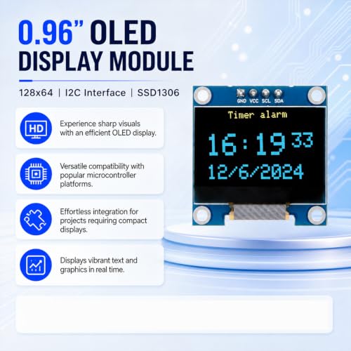 Image of 0.96 Inch OLED Display Module SSD1306 128x64 Pixel I2C IIC Serial Screen, Blue Display for Arduino, Raspberry Pi, ESP32 Projects (3.3V-5V)