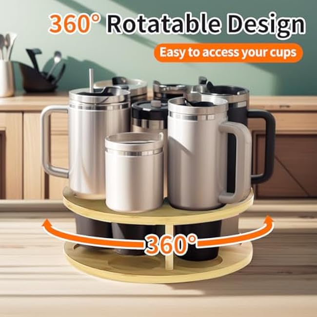 Bamboo Stanley Cup Holder with Water Bottle Organizer for Stanley Tumbler - Cup Holder Stand for Water Bottle and Stanley Cup Accessories, Compatible with 14 to 40oz Cups as Stanley