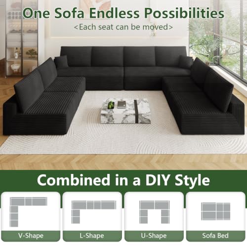 Image of Oversized Modular Sectional Sofa Couch, Large 8 Seater Corner Sofa Modern U Shaped Sectional Couch Cloud Couches for Living Room, Office, Spacious Space, Corduroy, No Assembly Required, Black