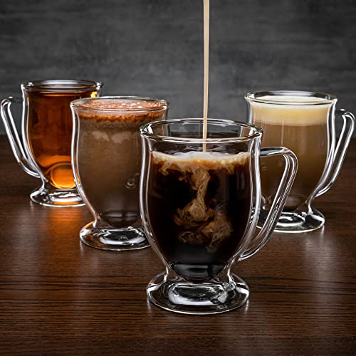 Double Wall Glass Coffee Mugs 11 Oz - Clear Set Of 4 - Dishwasher & Microwave Safe - Insulated & Double Walled Glass Coffee Mugs. Ideal As Tea Cups, For Latte, Cappuccino, Hot & Cold Beverages #TOP5