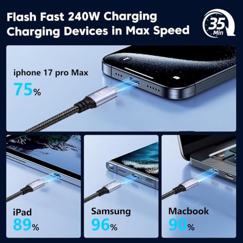 Image of MX 240W USB C to USB C Cable PD 3.1,Type C to Type C Fast Charging Cable High Speed Data Transfer & Charging Type C Cable for MacBook, iPhone, Samsung Galaxy S25 /S24, iPad & Laptops - 2Mtr Cord