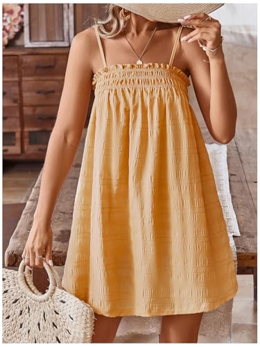 Image of MakeMeChic Women's Babydoll Dress Sleeveless Swing Shirred Mini Dresses | Beach, Summer, Sundress, Ruffle, Casual Dress, Flowy Dress