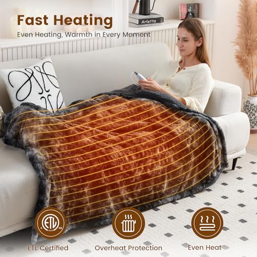 Image of Bearhug Heated Throw Blanket 50 inch x 60 inch Electric Throw Warming Blanket Reversible Faux Fur & Sherpa, 6 Heating Levels & 4H Auto Off, Over-Heat Protect, ETL, Washable Heated Blanket Marble Black