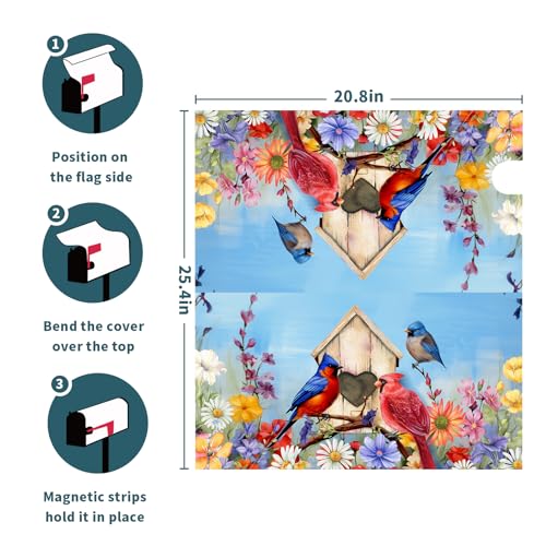 Image of Cardinal Bird Spring Farmhouse Mailbox Decorations - Colorful Magnetic Mailbox Wrap Post Letter Box Cover, Standard Size 25x21in