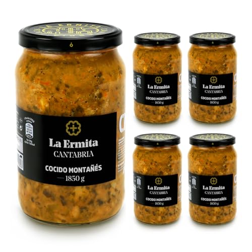 LA ERMITA Cocido Montañés Tradicional, Receta Cántabra con Alubias, Berza y Compango, Sin Gluten ni Alérgenos, Tarro de Vidrio 1850 g (Pack 4 unidades)