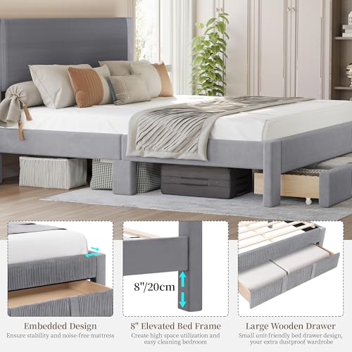 King Size Bed Frame with Storage, Wood Platform Bed Frame King with Fully Velvet Upholstered Headboard, Strong Wooden 12-Slats Support, Under Bed Storage Drawer with Wheels, Mattress Foundation