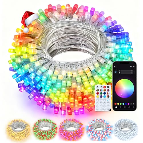 echosari Smart Christmas String Lights, 200 LED 66Ft Color Changing Fairy Light with App, Music Sync RGB Built in Chip for Bedroom Party Tree Decor (Clear Wire)