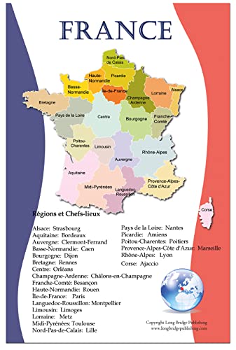 Long Bridge Publishing French Language School Poster - Map of France with Regions and Regional Capitals