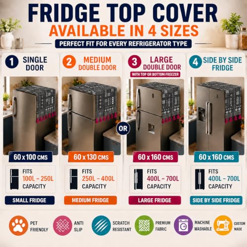 Image of WWW.THROWPILLOW.IN Four Door Fridge Cover 400+L |450 GSM Durable Fridge Top Cover with Tassels|Dustproof Refrigerator Cover in Black Tribal Print |