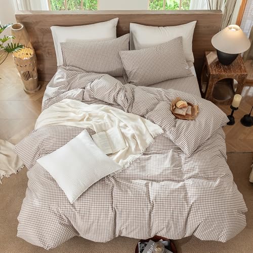 Image of MooMee Gingham Duvet Cover Set 100% Washed Cotton Linen Like Textured Breathable Durable Soft Comfy Modern Checkered Design (Mini Gingham Brown, Queen 90 inchx90 inch)