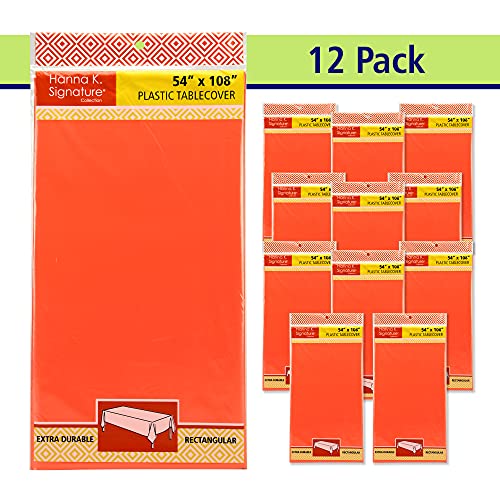 Image of Party Dimensions Orange Plastic Tablecloths, 12 Pack, 54 x 108 Rectangle | Disposable Waterproof Plastic Table Cover for Birthdays, Weddings, Graduations, Picnics & BBQs, Indoor Outdoor, 6-8 ft Tables