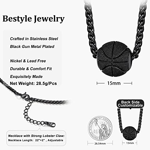 Black Basketball Necklace For Men Boy Black Metal Plated Stainless Steel Ball Pendant Charm Sports Necklace For Athlete Sport Fans, With 22Inch+2Inch Gold Plated Spiga Chain #TOP6