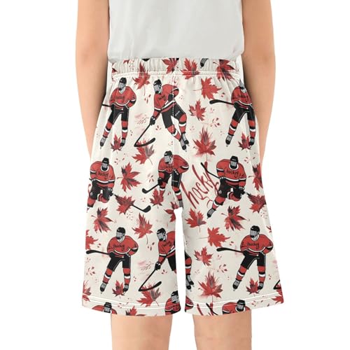 ALAZA Ice Hockey Player Maple Leaves Pajama Shorts Sleep Shorts Pant Lounge Pajama Bottoms Elastic Waist with Pockets2