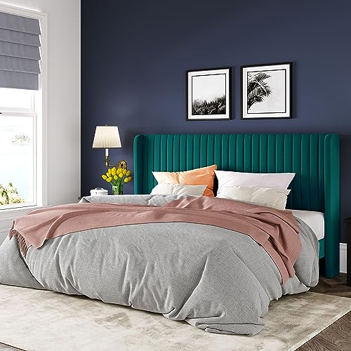 Allewie King Size Bed Frame/Velvet Upholstered Platform Bed/Vertical Channel Tufted Wingback Headboard/Strong Wooden Slats/No Box Spring Needed/Easy Assembly/Teal