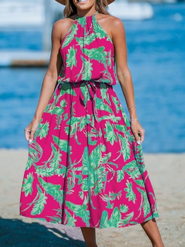Image of CUPSHE Women's Midi Dress Halter Floral Sleeveless Belted Ruffled A Line Casual Summer Dress