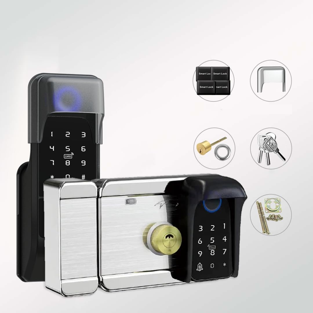 Smart Latch Serrure de portail double face, sans clé à empreintes digitales avec clavier, mot de passe et carte IC – Pêne dormant électronique étanche pour clôture extérieure (noir
