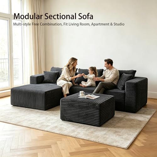 Image of 93 inch U-Shaped Boneless Couch, Corduroy Cloud Couch Sectional with Chaise and Ottoman, Deep Seat Modular Sectional Sofas for Living Room, No Assembly - Grey (Left Facing Chaise)