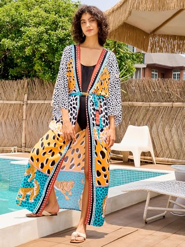Image of Women's Kimono Cover Up Long Beach Dress Swimsuit Cover Ups Colorful Cardigan Lightweight Robe for Swimwear