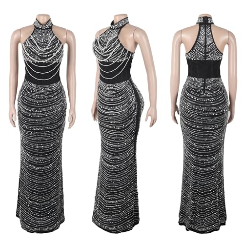 Image of PORRCEY Women's Sexy Elegant Rhinestone Bodycon Dress Hot Drilling Clubwear