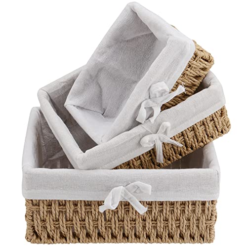 Keileoho Set Of 3 Wicker Storage Baskets, Lined Wicker Baskets Set, Handmade Woven Pantry Baskets Decorative Storage Bins Set For Organizing Shelf, Bathroom, Home, Khaki #TOP9