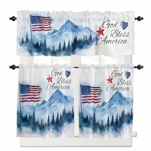 4th of July American Flag Kitchen Curtains 24 Inch Length, 3 Piece Rod Pocket Small Half Tiers and Valance Set, Independence Day Forest Small Large Window Treatment Decor for Bedroom/Bathroom Sink