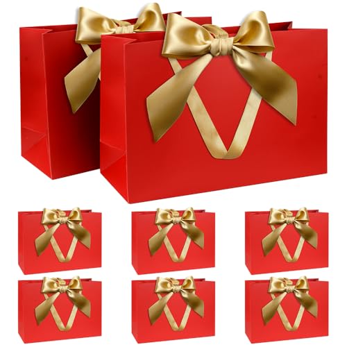 Jogo de Sacos Presente, Saco Presente Vermelho com Fita Saco Presente com Alças 8 Peças 30x20x10cm Sacos Presente para Natal Aniversário Casamento