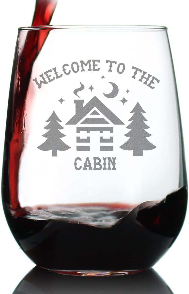 Bevvee Welcome To The Cabin - Stemless Wine Glasses - Set of 2 - Rustic Themed Gifts and Cabin Decor - Large 17 Ounce