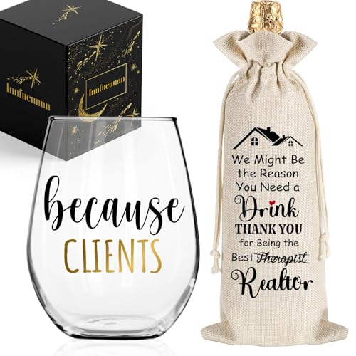 Because Clients Funny Stemless Wine Glass 15oz&wine Bag Set,Unique Gift Idea for Realtor,...