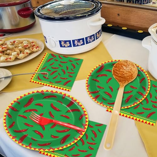 Image of 100 Pcs Chili Cook Off Party Plates and Napkins Set Pepper Birthday Decorations Mexican Party Supplies Mayo Tableware Fiesta Themed Party Favors for Red Chili Party Decorations Serves 25