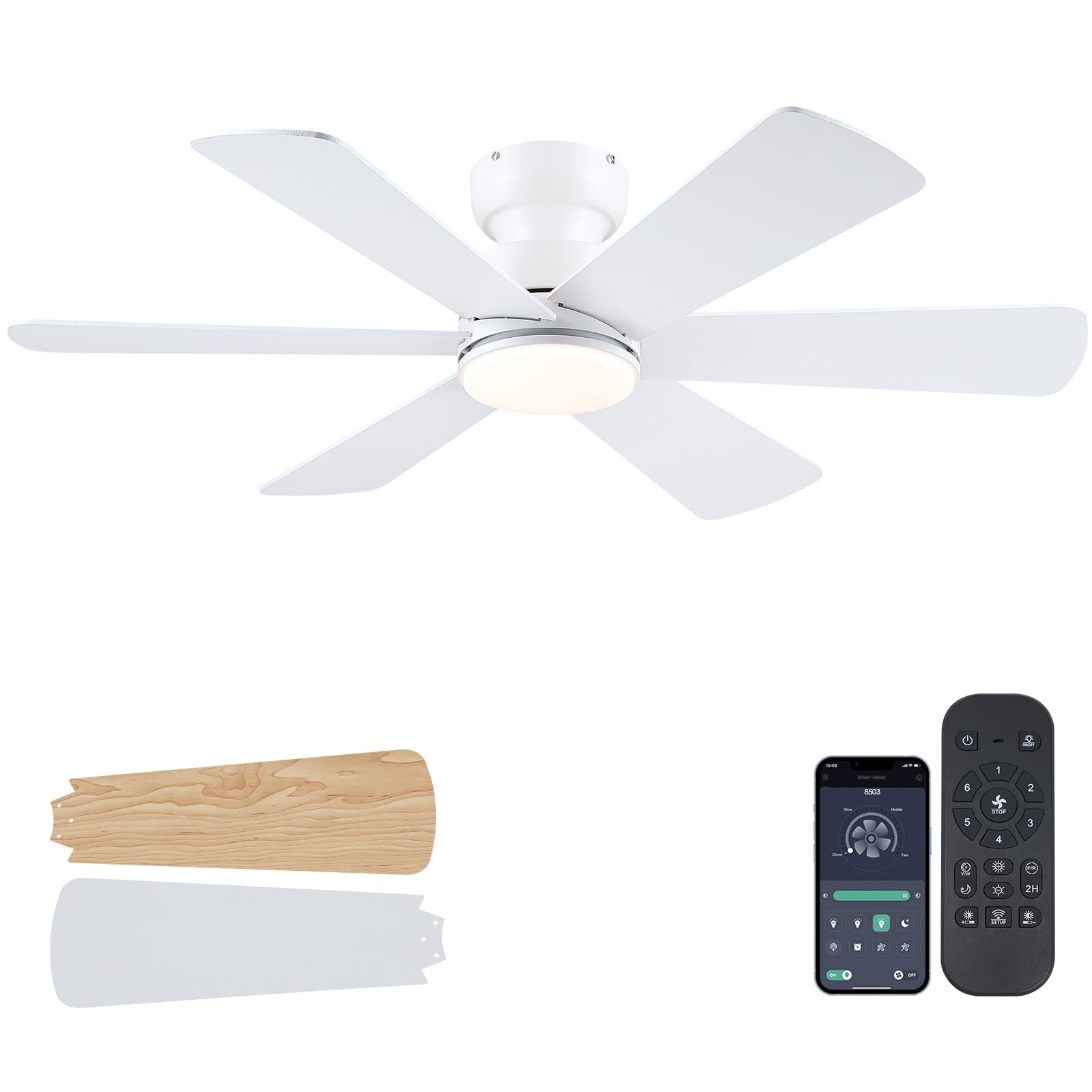 BayDay 46 inch Ceiling Fans with Lights, Ceiling Fan with Remote APP, Dual-Sided Modern/Rustic 6 Blades, Reversible, 3CCT, Flush Mount Low Profile Ceiling Fan with Lights Bedroom Kitchen Indoor White