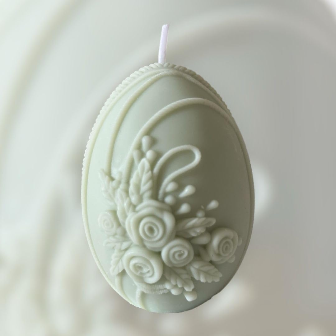 Vela en forma de huevo con flores estampadas de cera de soja, esencia neutra, color verde – Elaboración artesanal, decoración aromática e idea de regalo