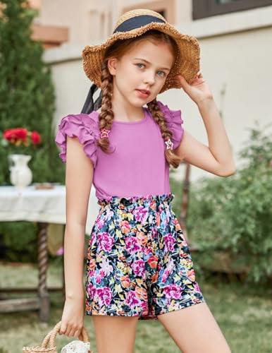 Image of Arshiner Girls 2 Piece Outfits Summer Clothes Ruffle Short Sleeve Shirts Top and High Waist Paper Bag Shorts Set with Pockets